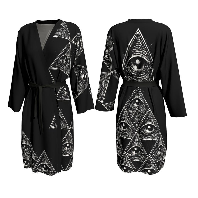 all seeing eye, black kimono, peignoir, sexy robe, occult robe, gothic robe, black robe, sheer robe, beach cover, occult fashion, gothic image 5