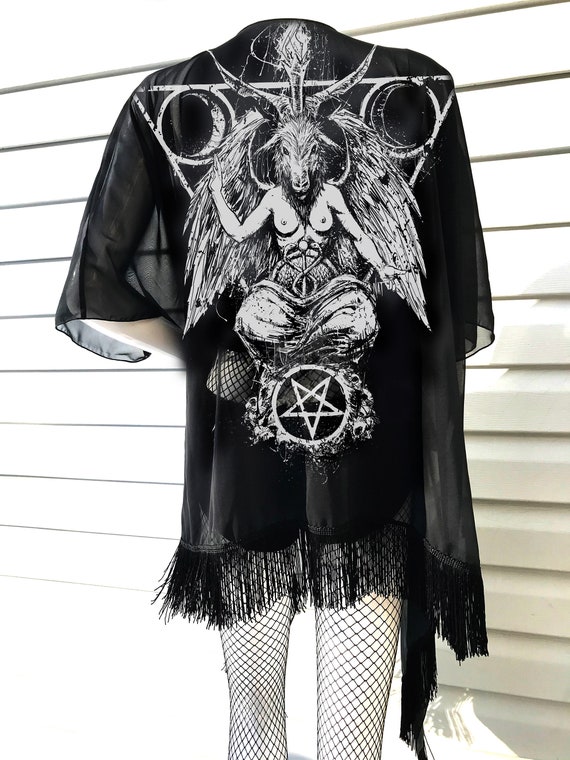 Baphomet, kimono, baphomet kimono, goth, occult clothing, sheer, kimono, gothic kimono, beach cover, witch, witchcraft, satanic, robe,