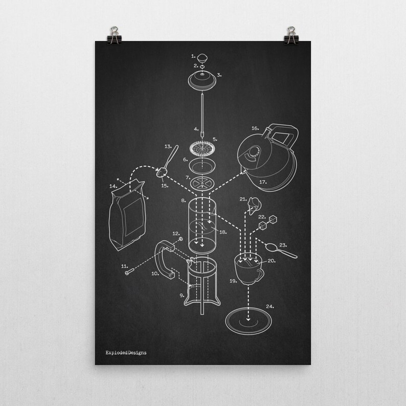 Exploded French Press Art Print Poster Etsy