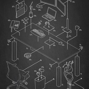 May include: A white line drawing of a desk setup with various items, including a computer monitor, laptop, keyboard, mouse, phone, headphones, trash can, and a chair. The items are labeled with numbers.