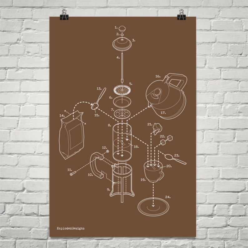 Exploded French Press Art Print Poster Etsy
