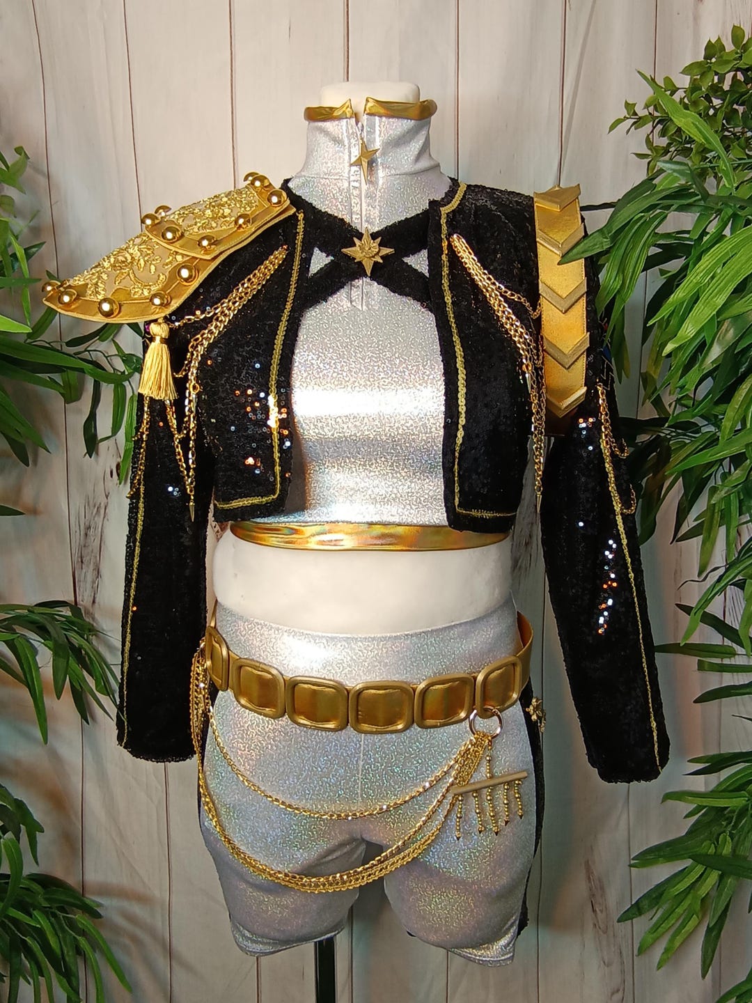 rumi gold dress L-email Wig Rumi Mira Zoey Kids' Black Gold Outfit Halloween Cosplay C –  lemailwigs main image 1