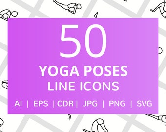 Ensemble d'icônes de ligne de 50 poses de yoga en téléchargement numérique Plans de cours de yoga Planificateur de séquence de yoga Planificateur de flux de yoga Poses de yoga AI eps CDR jpg PNG svg