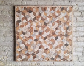 Reclaimed Wood Wall Art, Lath, Geometric, Cubes, Pattern, 30 x 30 Black Friday Sale