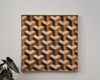 Reclaimed Wood Wall Art, Decor, Lath, Pattern, Geometric, Hexagon, Tessellation 24 x 24 Black Friday Sale