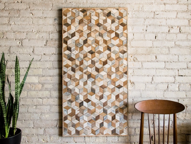 Reclaimed Wood Wall Art, Wood Wall Decor, Geometric Pattern, Queen Headboard, Large Wall Art, Wood Wall Art, Minimalist Modern Art 60 x 24 image 3