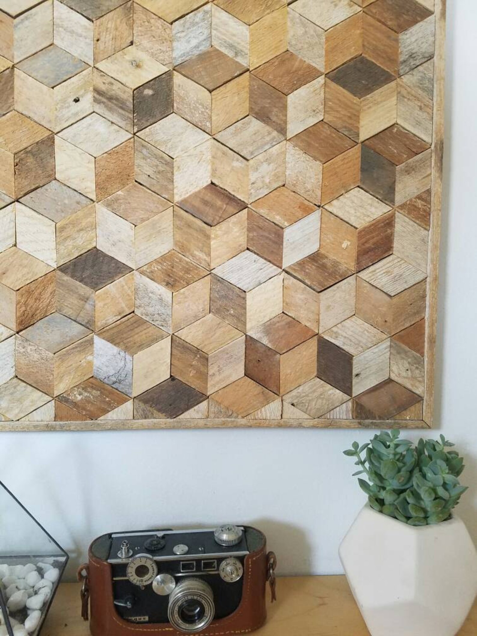 Reclaimed Wood Wall Art Lath Geometric Cubes Pattern 30 X Etsy