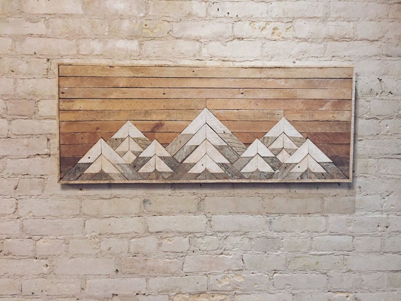 Reclaimed Wood Wall Art, Wall Decor, Twin Headboard, Lath, Geometric, Mountains, Gradient, Mountain, Lath, Wood Wall Art, Wood Decor, Rustic image 1