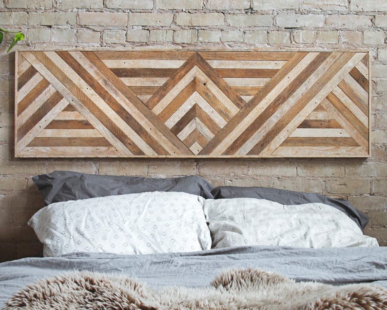 Reclaimed Wood Wall Art, Queen Headboard, Wood Wall Decor, Geometric Triangle Pattern, 60 x 18, Wood Headboard, Wood Wall Art, Rustic Art image 1