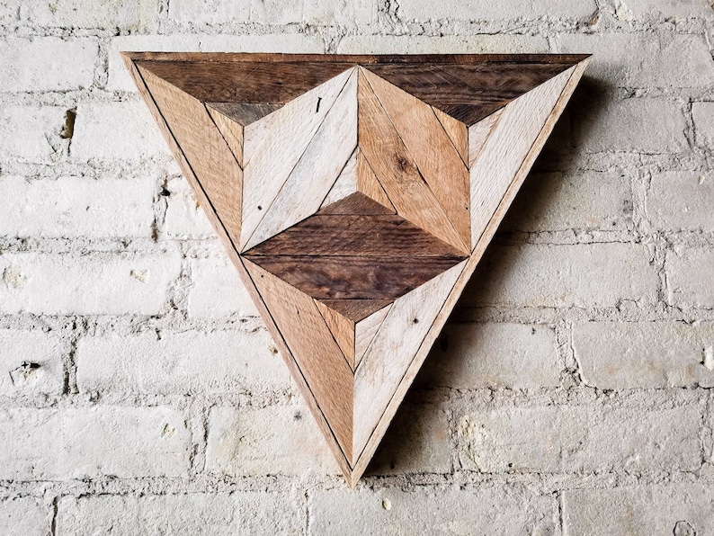 Reclaimed Wood Wall Art Decor Rustic Geometric Handmade Triangle Cube Modern