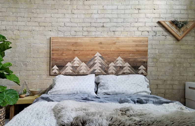 Reclaimed Wood Wall Art Wall Decor Wood Art Queen Headboard Wall Art Mountain Art Gradient Sky Rustic Decor Modern 61x24 image 3