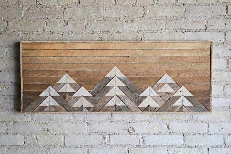 Reclaimed Wood Wall Art, Wall Decor, Twin Headboard, Lath, Geometric, Mountains, Gradient, Mountain, Lath, Wood Wall Art, Wood Decor, Rustic image 3