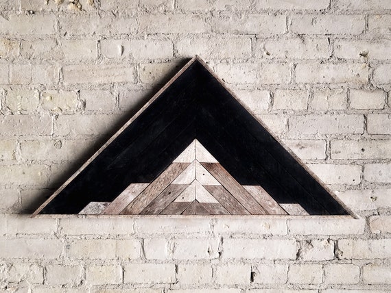 Reclaimed Wood Wall Art, Decor, Lath, Pattern, Triangle, Mountain, Black, Landscape, 33" x 17" Black Friday Sale