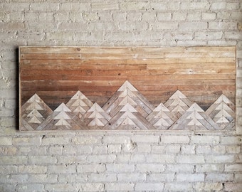 Reclaimed Wood Wall Art | Wall Decor | Wood Art | Queen Headboard | Wall Art | Mountain Art | Gradient Sky | Rustic Decor | Modern | 61x24