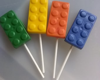 Building blox solid chocolate Set of 4 assorted color candy suckers  individually wrapped sealed with twisty tie   novelty letggo