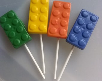 Building blox solid chocolate Set of 4 assorted color candy suckers  individually wrapped sealed with twisty tie   novelty letggo