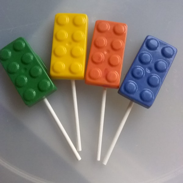 Building blox solid chocolate Set of 4 assorted color candy suckers  individually wrapped sealed with twisty tie   novelty letggo