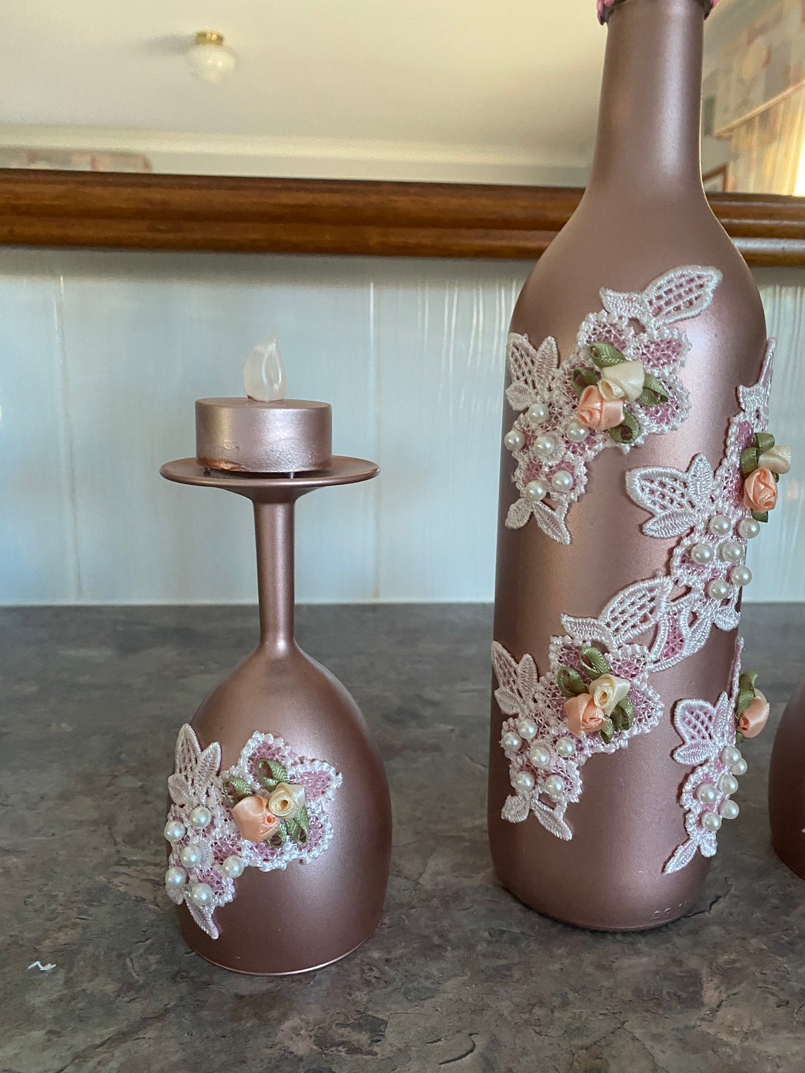 Metallic Rose Gold and Floral Lace Decorated Wine Bottle and Etsy