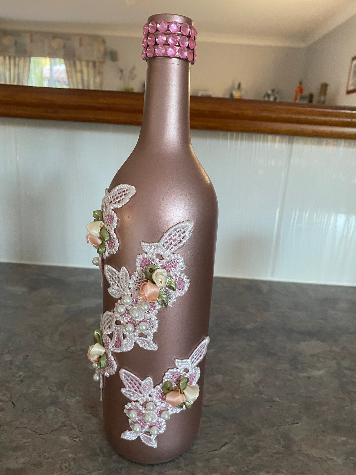 Metallic Rose Gold and Floral Lace Decorated Wine Bottle and Etsy UK