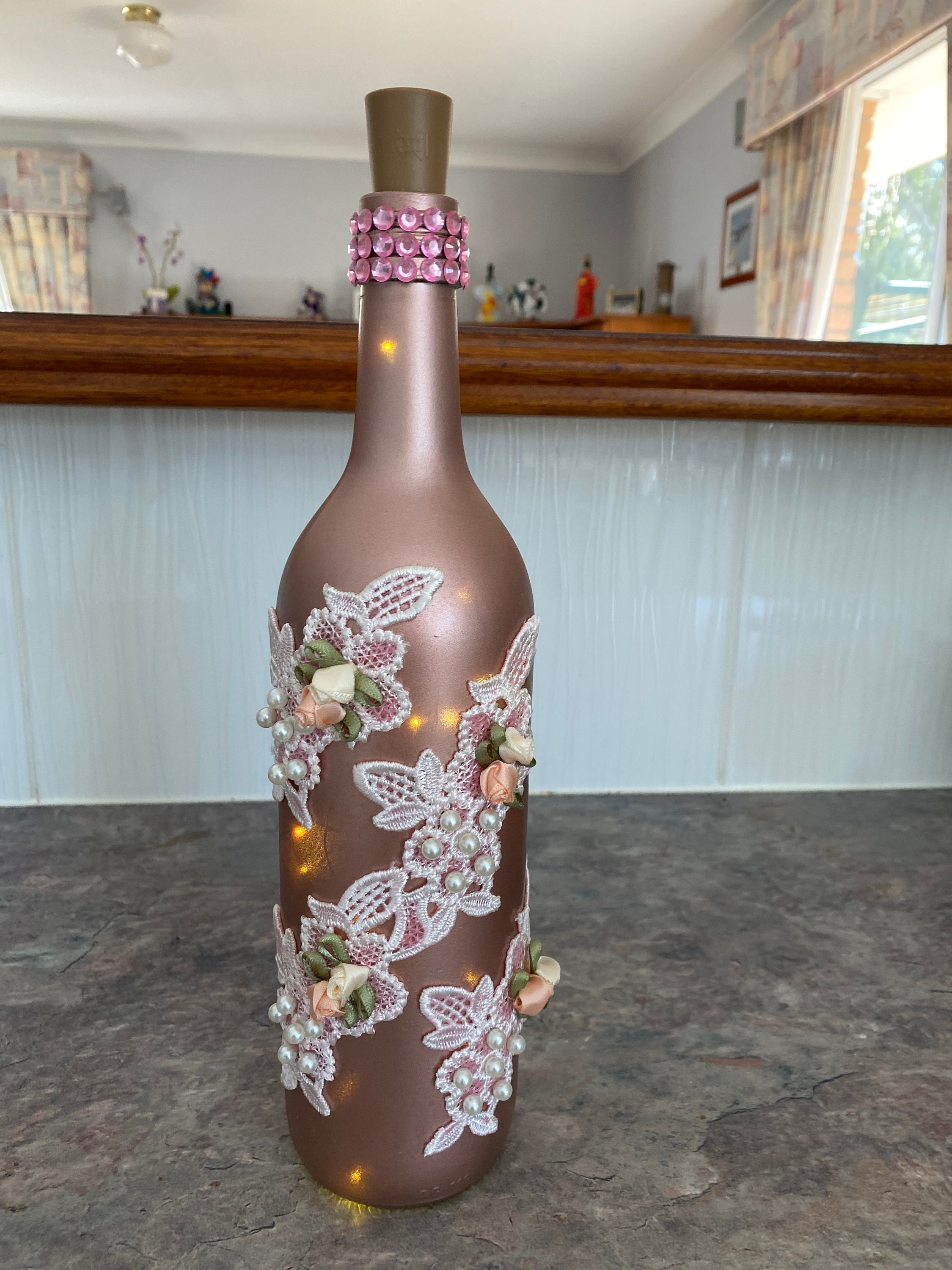 Metallic Rose Gold and Floral Lace Decorated Wine Bottle and Etsy UK