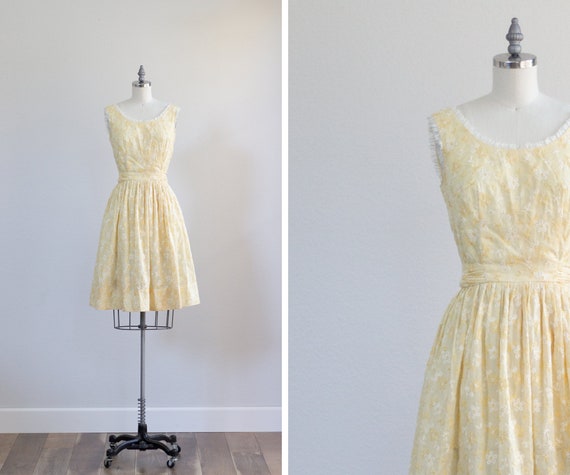 Vintage Day Dress . Yellow Cotton Dress . 50s 60s