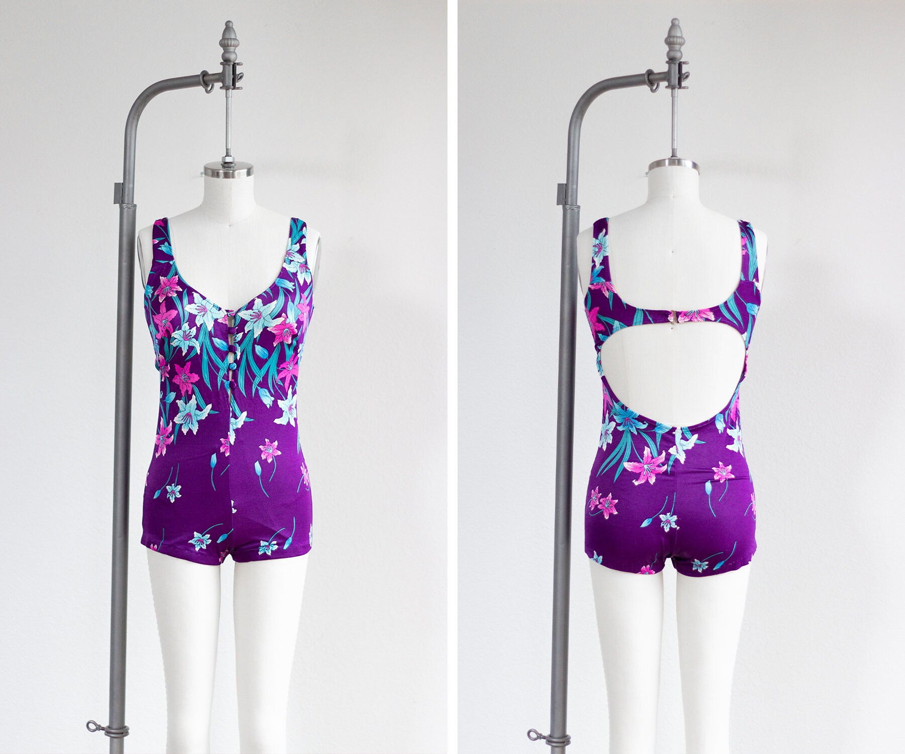 purple floral swimsuit