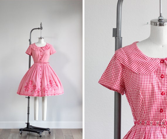 Red and White Gingham 50s Dress . Embroidered Butt