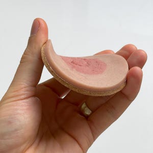 May include: A pink and beige round cork coaster with a textured surface.