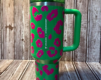 Green Pearl Starbucks + Stanley 40oz Tumbler with Hot Pink Leopard Print | Mindset is Everything