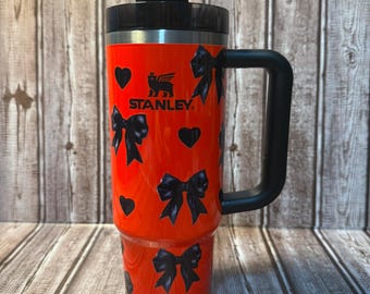 Neon Orange Stanley 30oz Tumbler with Black Bows and Hearts Print