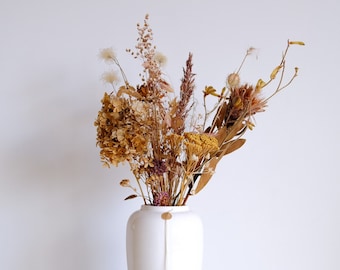 Autumn Dried Flower Bouquet with Protea & Hydrangea – Vintage White Vase