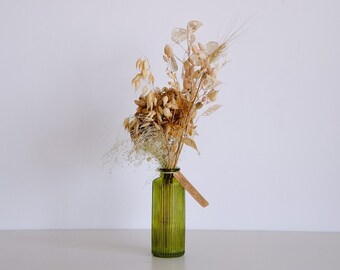 Neutral Dried Flower Bouquet with Green Glass Vase