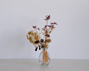 Small Purple Spring Bouquet with Delphinium in Glass Bottle Vase, natural home decor, forever lasting flowers - labelled floral names