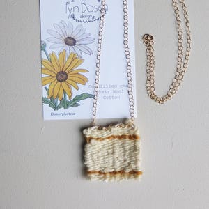 Botanical Dimorphoteca Dutch Flower Woven Necklace/ Delicate Fiber Jewelry/ Natural Fibers and Yarn with Gold Chain/ Yellow and White Mohair
