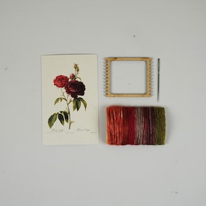 Botanical Red Rose Small DIY weaving kit loom wooden frame, natural fibers / art yarns nature/ nature inspired color palette in cotton bag
