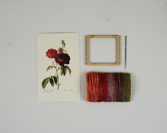 Botanical Red Rose Weaving Kit, Small Wooden Loom, Natural Fibers