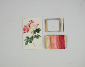 Pink Rose Botanical DIY Weaving Kit, Natural Fibers, Small Loom