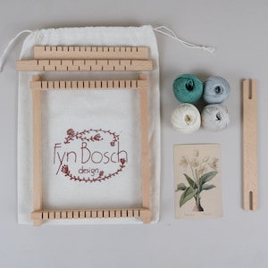 Botanical Lily White Big DIY weaving kit loom wooden frame natural fibers art yarns nature Redoute inspired color palette in cotton bag