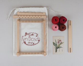 DIY Weaving Kit: Botanical Red Orchid Design, Wooden Loom