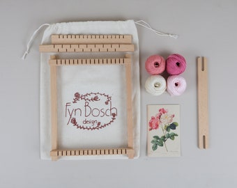 DIY Weaving Kit: Rose Pink, Botanical Illustration, Cotton Yarn