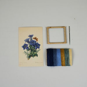 Botanical Blue Gentiana Small DIY weaving kit loom wooden frame, natural fibers / art yarns/ nature inspired color palette in cotton bag