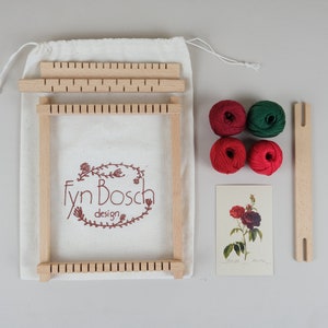 Botanical Garden Rose Red Big DIY weaving kit loom wooden frame natural fibers art yarns nature Redoute inspired color palete in cotton bag