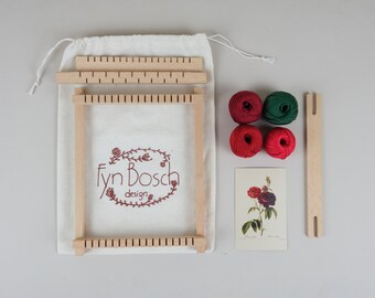 Botanical Weaving Loom Kit: Red Rose Design, Natural Cotton Yarns