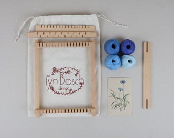 Botanical Cornflower Blue Big DIY weaving kit loom wooden frame natural fibers art yarns nature Redoute inspired color palette in cotton bag