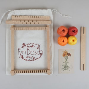 Botanical Lilium Orange Big DIY weaving kit loom wooden frame natural fibers art yarns nature Redoute inspired color palete in cotton bag