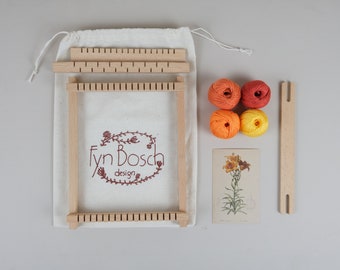 Botanical Weaving Kit: Orange Lilium, Wooden Loom, Natural Cotton Yarns