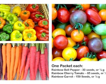 Rainbow Mix Seed Bundle - 1/4g Packet Each Variety: Bell Pepper 30 seeds - Cherry Tomato 85 seeds - Carrot 150 seeds - B37 94 258