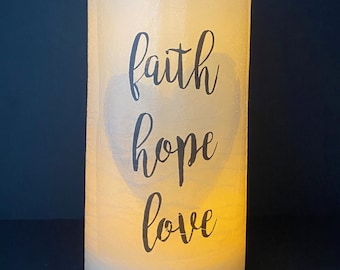 Flameless LED 4 x 8 inch Candle with "Faith Hope and Love", Inspirational Home Decor or Gift