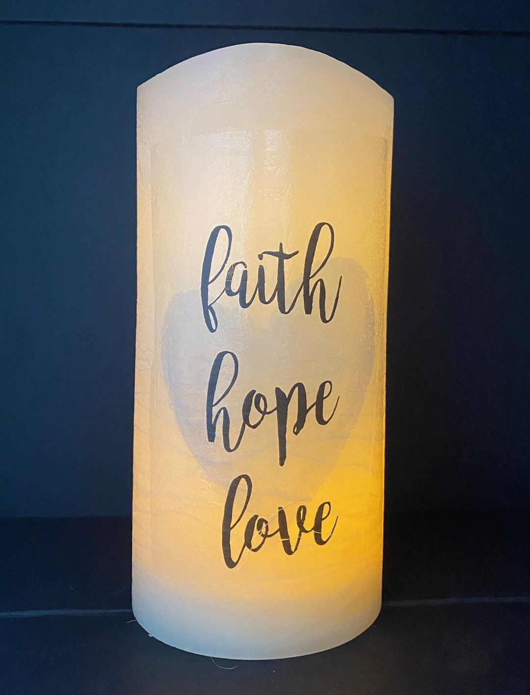 Flameless LED 4 X 8 Inch Candle With faith Hope and Love, Inspirational