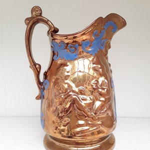 Antique, Victorian, Staffordshire, Ceramic, Copper Lustre and blue Jug. Victorian embossed Mask jug. Rustic, Copper lustre jug/vase.